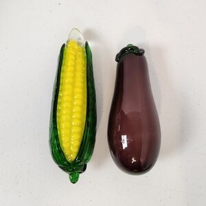 Vintage Art Blown Glass Vegetables Aubergine Eggplant Corn on the Cob Figurine